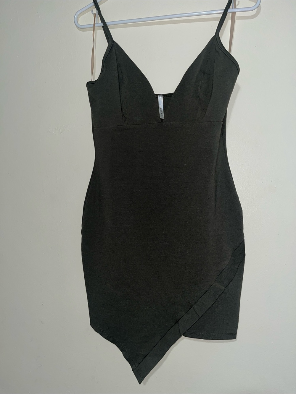 Asymmetric Dark Sage Mini Slip Dress with V-Neck
